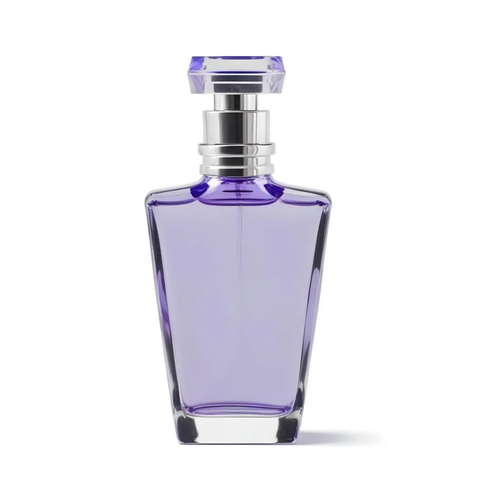 A Transparent Perfume Bottle With A Purple Cap On A White Background The Bottle Has A Transparent Neck And A Square Shape 14 99e3