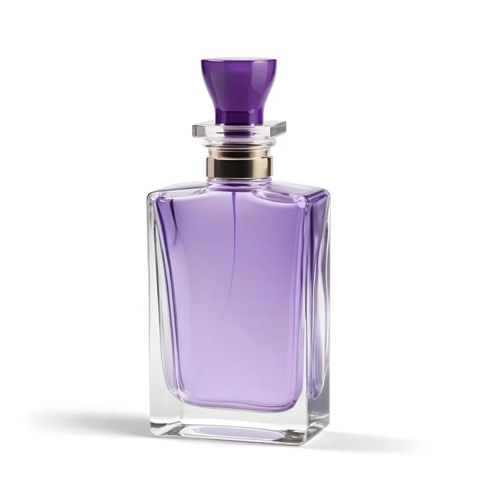 A Transparent Perfume Bottle With A Purple Cap On A White Background The Bottle Has A Transparent Neck And A Square Shape 17 0619