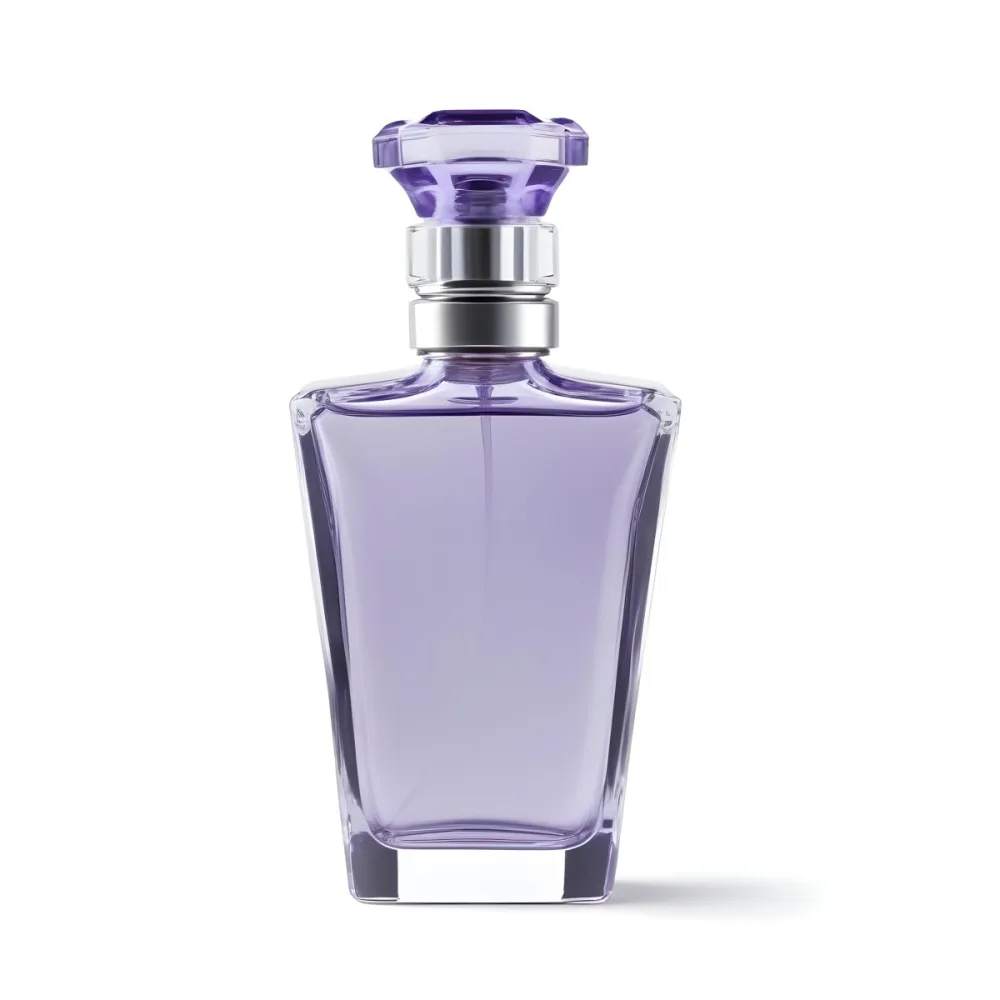 A Transparent Perfume Bottle With A Purple Cap On A White Background The Bottle Has A Transparent Neck And A Square Shape 22 B9d9