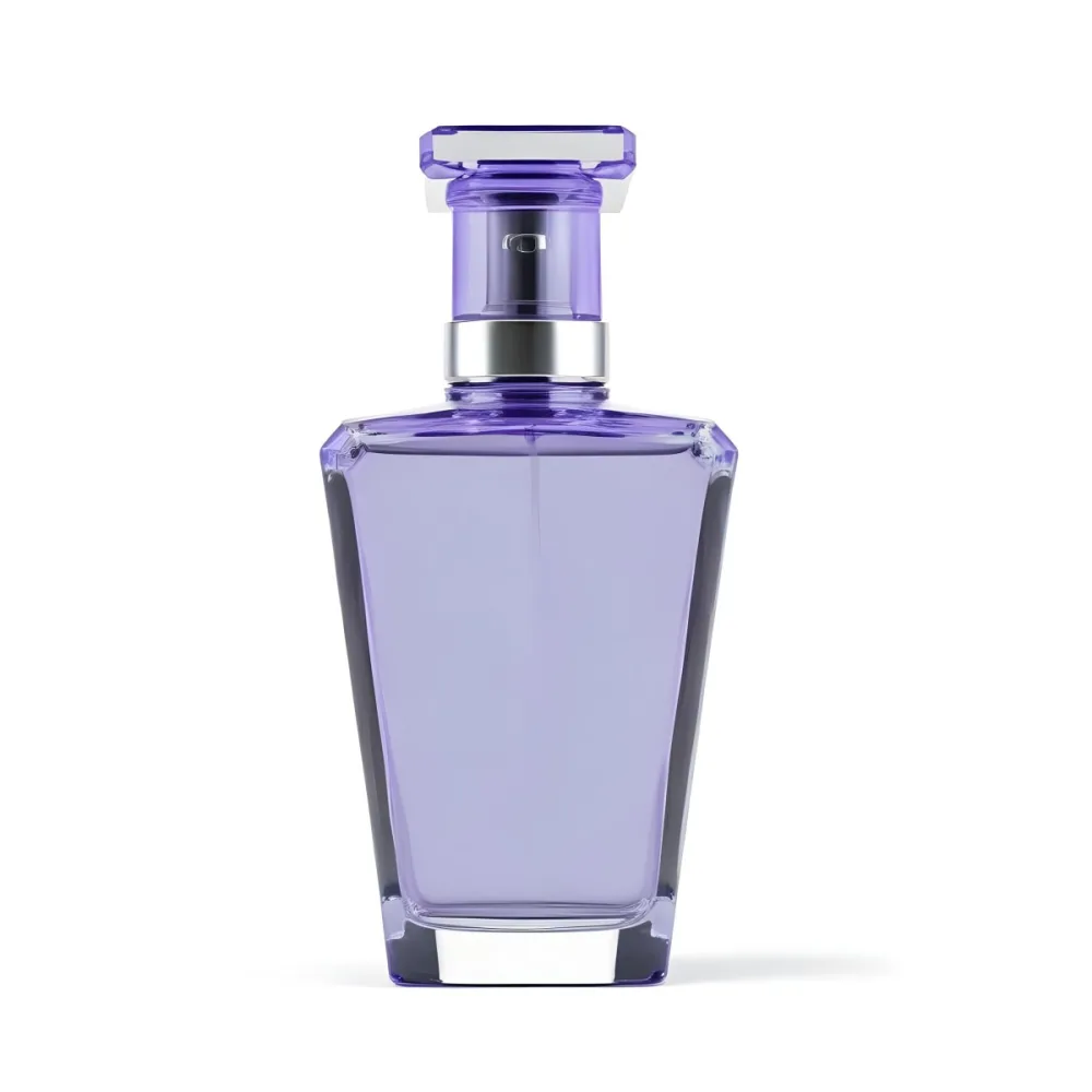 A Transparent Perfume Bottle With A Purple Cap On A White Background The Bottle Has A Transparent Neck And A Square Shape 29 6010