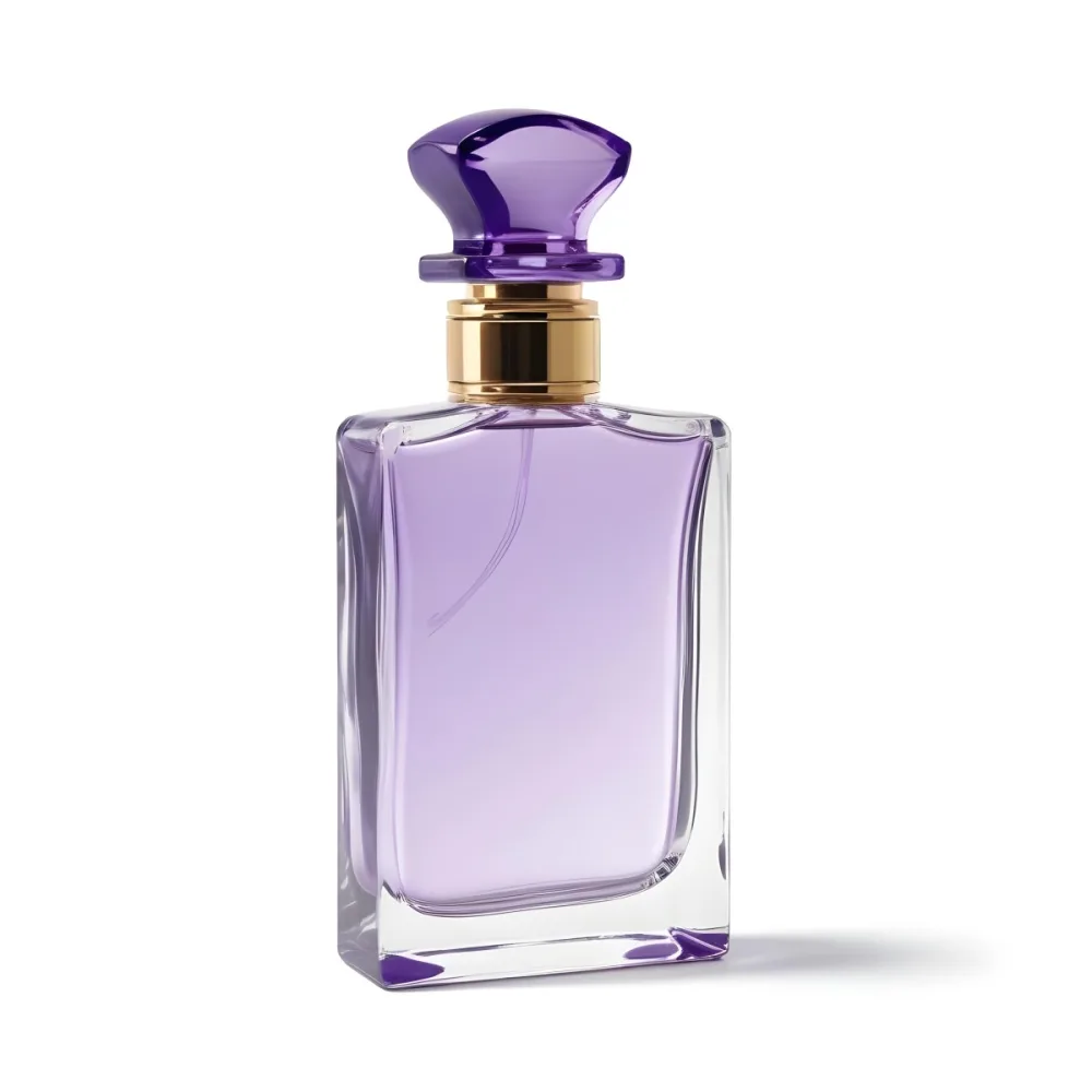 A Transparent Perfume Bottle With A Purple Cap On A White Background The Bottle Has A Transparent Neck And A Square Shape 5 Cab0