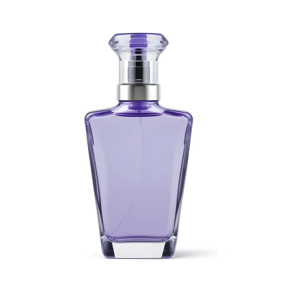 A Transparent Perfume Bottle With A Purple Cap On A White Background The Bottle Has A Transparent Neck And A Square Shape 6 Bfb8