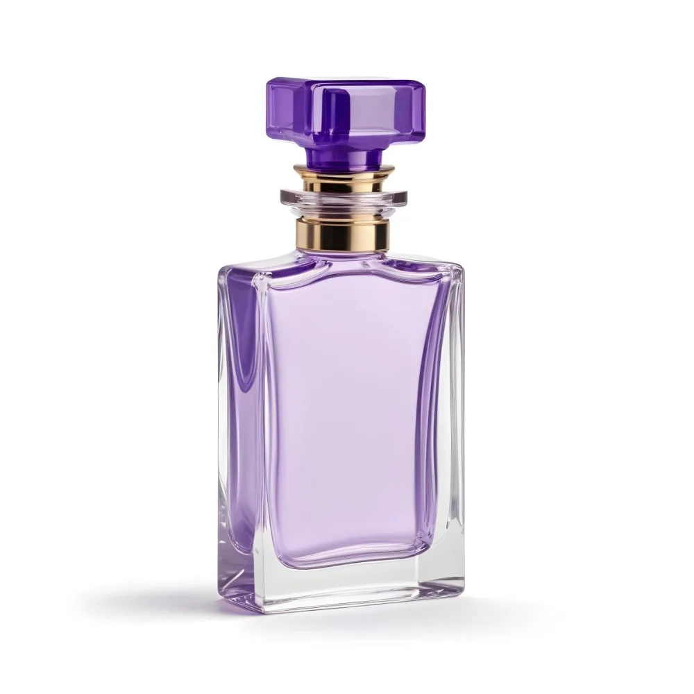 A Transparent Perfume Bottle With A Purple Cap On A White Background The Bottle Has A Transparent Neck And A Square Shape 7 F70c