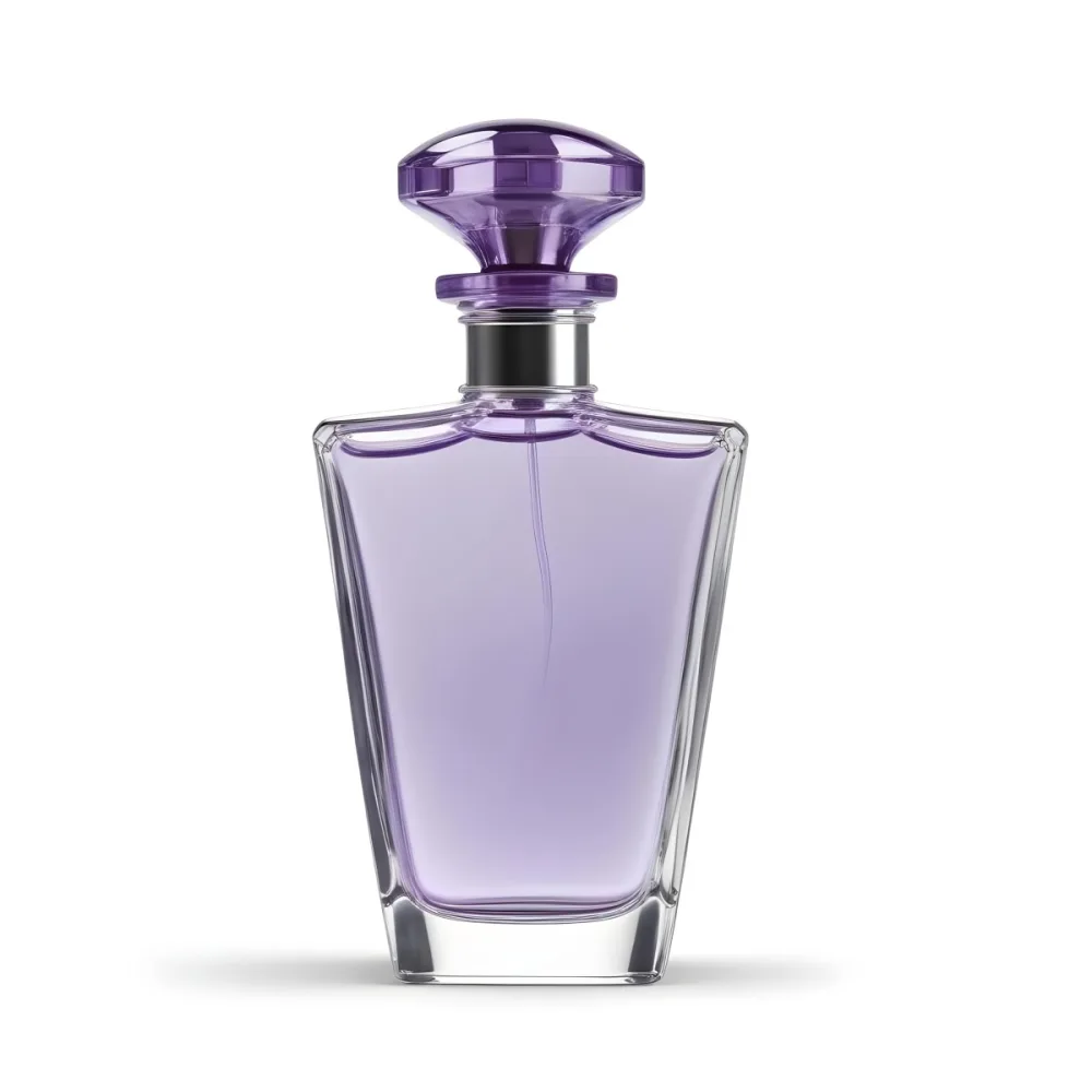 A Transparent Perfume Bottle With A Purple Cap On A White Background The Bottle Has A Transparent Neck And A Square Shape 8 C0e6