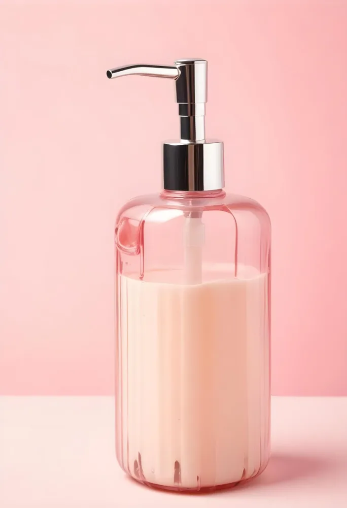 A Transparent Pink Soap Dispenser With A Pink Pump Filled With White Liquid On A White Background 28 6585