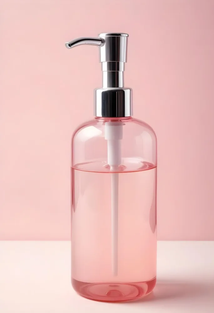 A Transparent Pink Soap Dispenser With A Pink Pump Filled With White Liquid On A White Background 44 5687
