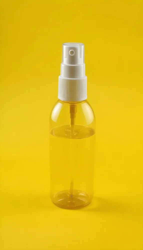 A Transparent Plastic Spray Bottle Filled With Yellow Liquid Yellow Spray Nozzle Against A Solid White Background 15 Beb2