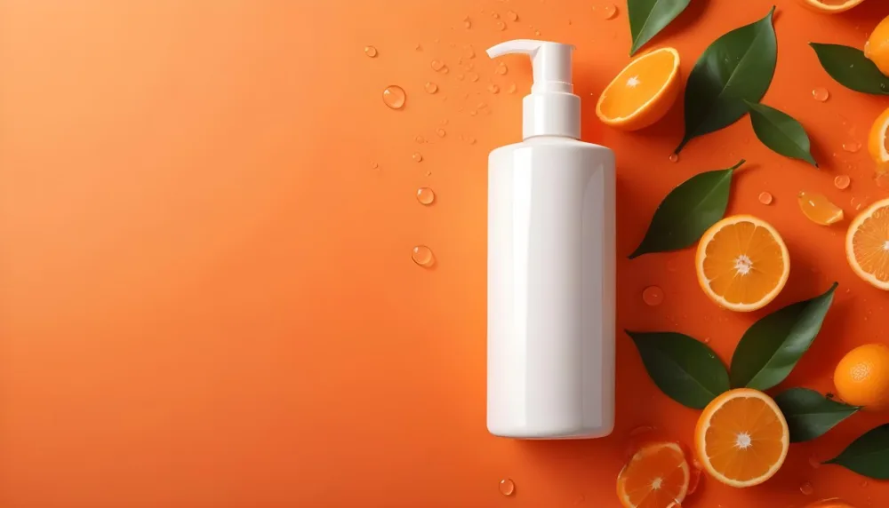 A White Bottle Of Cosmetic Product With A Pump Dispenser Surrounded By Orange Slices Green Leaves And Water Droplets On A Vibrant Orange Background 16