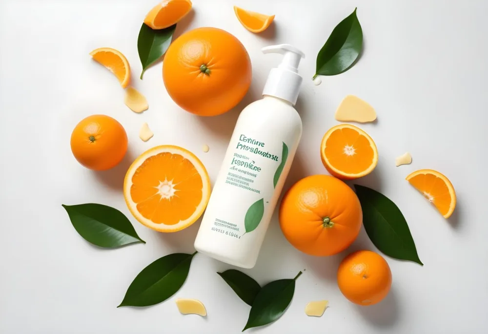 A White Bottle Of Lotion Is Centered Among Sliced And Whole Oranges With Green Leaves Scattered Around The Background Is Light And Neutral Enhancing The Vibrant Green Color Of The Fruit 11 Ddb2