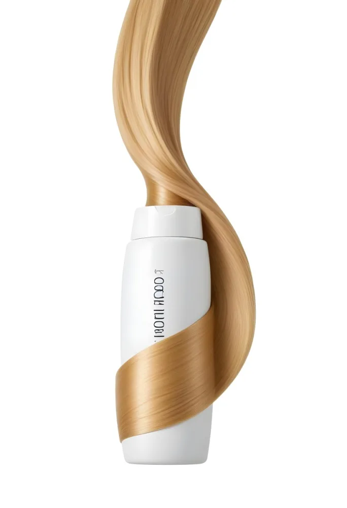 A White Bottle Of Shampoo With A Pump Wrapped In A Strand Of Long Blonde Hair On A White Background 34 Edab