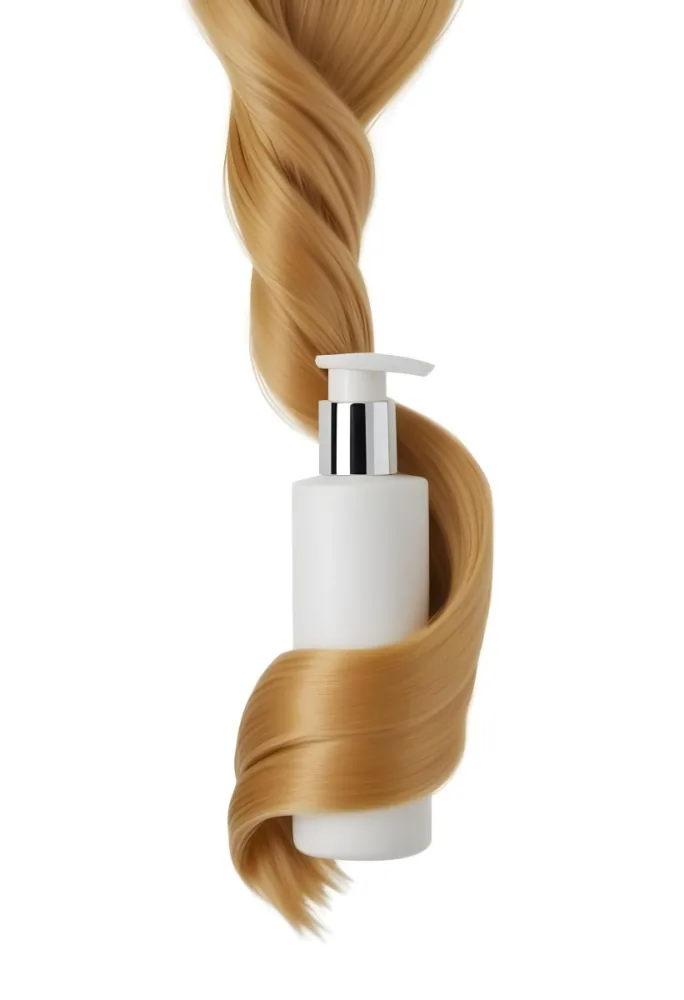 A White Bottle Of Shampoo With A Pump Wrapped In A Strand Of Long Blonde Hair On A White Background 63 770c