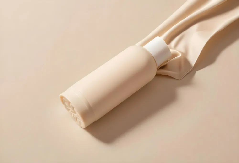 A White Bottle Of Shampoo Wrapped In Blonde Hair White Cap Beige Background 22
