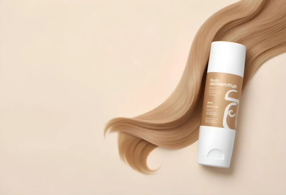 A White Bottle Of Shampoo Wrapped In Blonde Hair White Cap Beige Background 31 E493