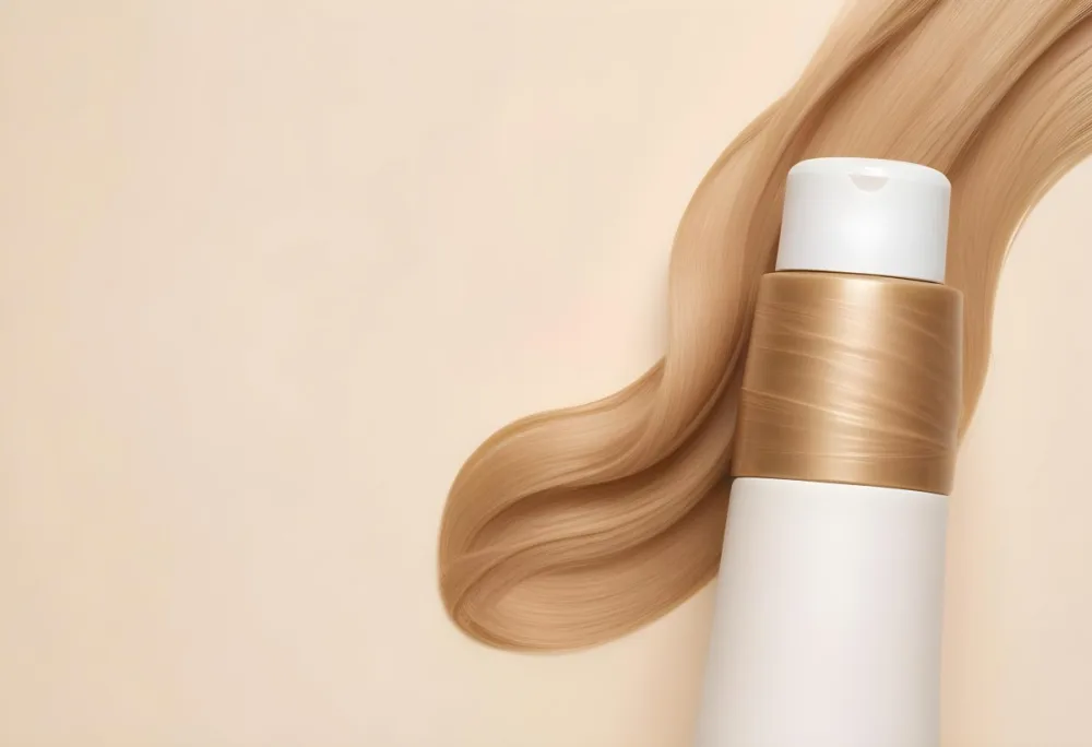 A White Bottle Of Shampoo Wrapped In Blonde Hair White Cap Beige Background 37