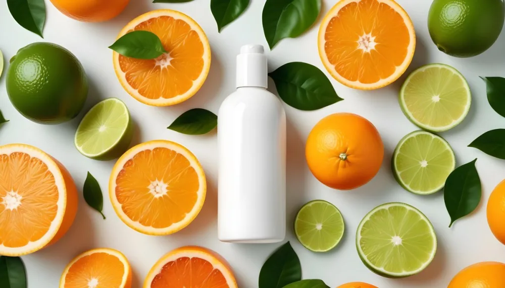 A White Cosmetic Bottle Is Centered Among Various Citrus Fruits Including Orange Halves A Whole Orange And Lime Slices Green Leaves Are Scattered Around Enhancing The Fresh And Vibrant Appearance Of The Arrangemen 10 B3d1
