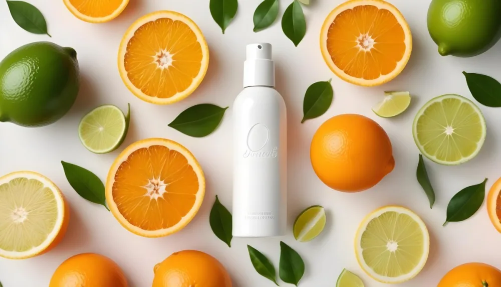 A White Cosmetic Bottle Is Centered Among Various Citrus Fruits Including Orange Halves A Whole Orange And Lime Slices Green Leaves Are Scattered Around Enhancing The Fresh And Vibrant Appearance Of The Arrangemen 18 2179