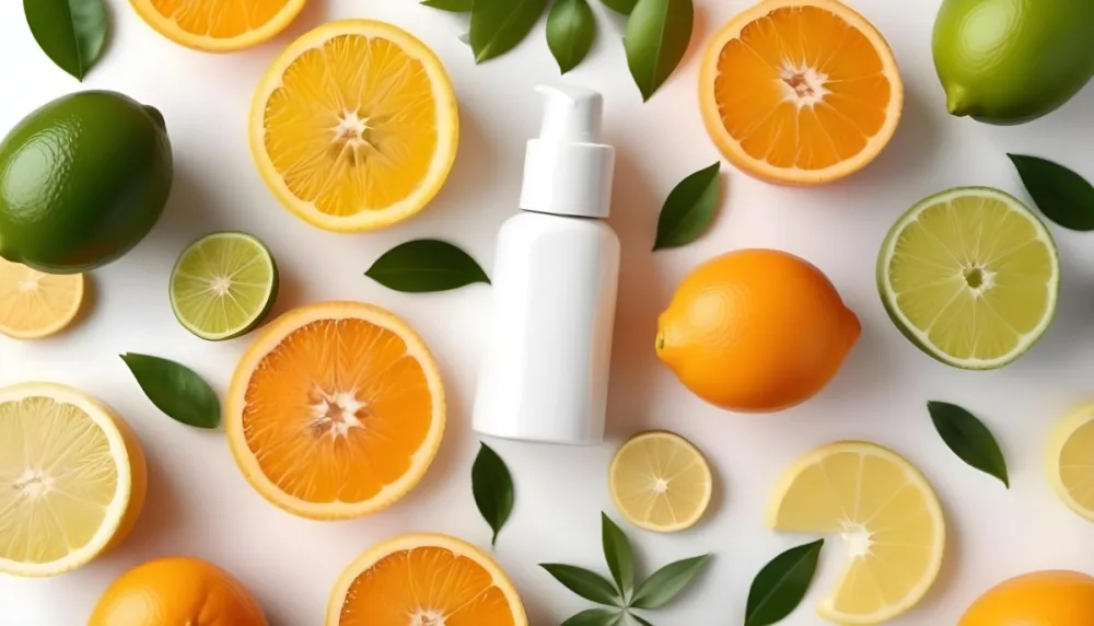 A White Cosmetic Bottle Is Centered Among Various Citrus Fruits Including Orange Halves A Whole Orange And Lime Slices Green Leaves Are Scattered Around Enhancing The Fresh And Vibrant Appearance Of The Arrangemen 25 Efdf