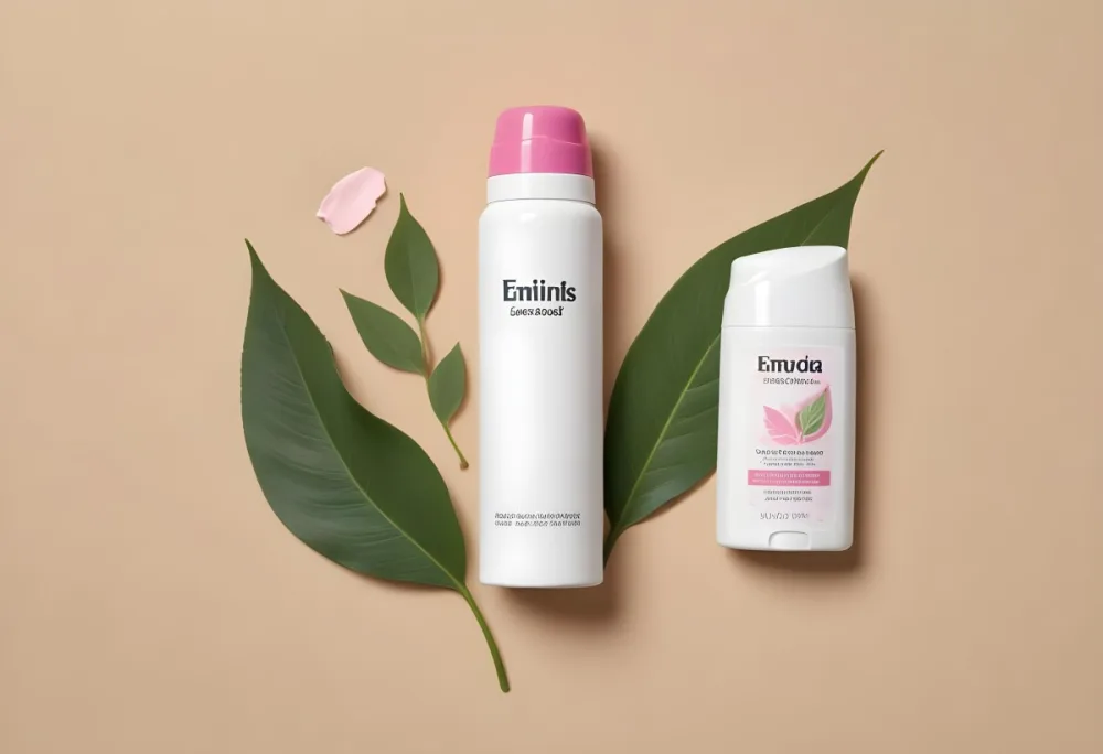 A White Deodorant Bottle With A Pink Cap A White Lotion Bottle And A Green Leaf On A Beige Background 18 Dcd8