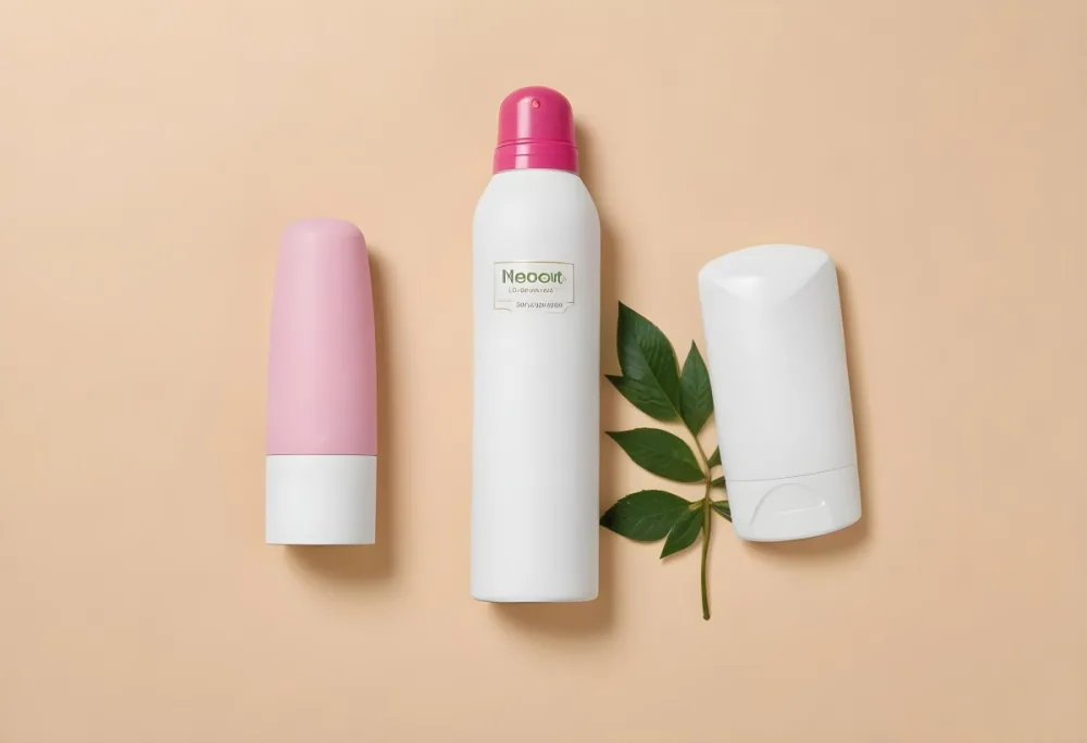 A White Deodorant Bottle With A Pink Cap A White Lotion Bottle And A Green Leaf On A Beige Background 3 Fe2b