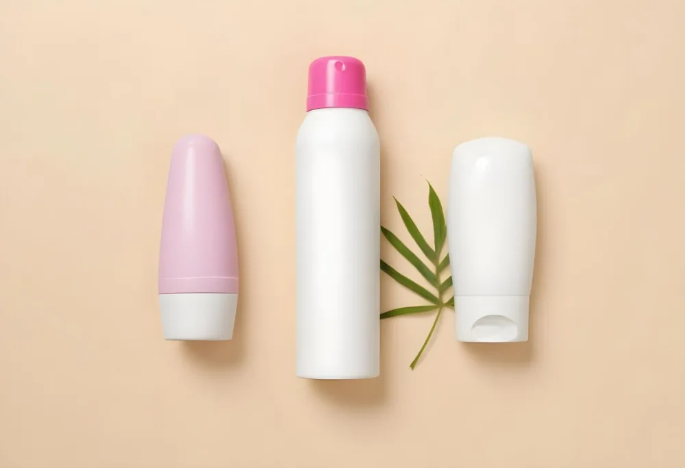 A White Deodorant Bottle With A Pink Cap A White Lotion Bottle And A Green Leaf On A Beige Background 32 7691