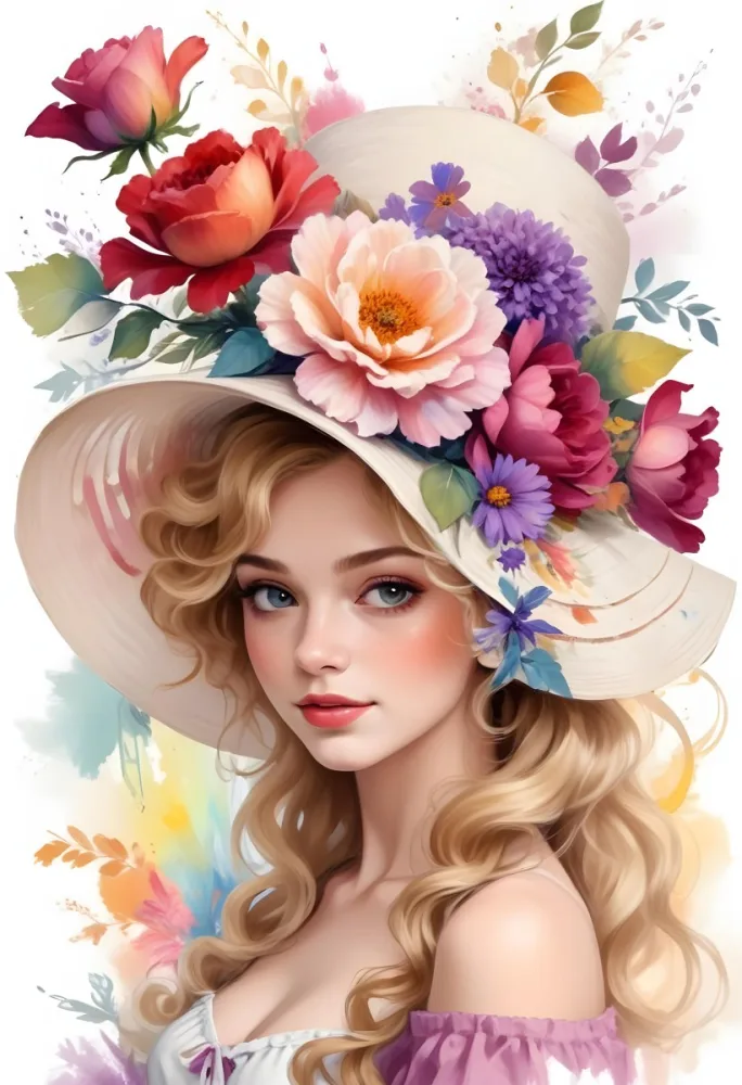 A White European Woman 23 Years Old Curly Blonde Hair Wearing A Hat With Colorful Flowers Light Skin In A White Background 15 893f