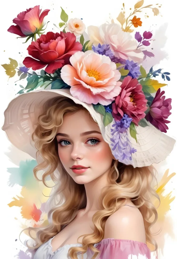 A White European Woman 23 Years Old Curly Blonde Hair Wearing A Hat With Colorful Flowers Light Skin In A White Background 17 2bf9