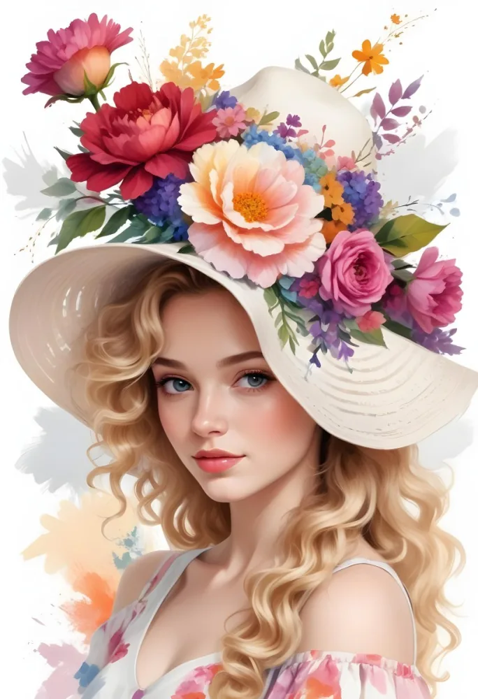 A White European Woman 23 Years Old Curly Blonde Hair Wearing A Hat With Colorful Flowers Light Skin In A White Background 19 1737