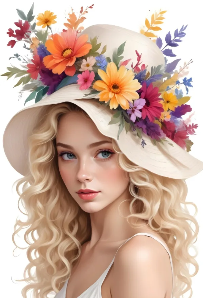 A White European Woman 23 Years Old Curly Blonde Hair Wearing A Hat With Colorful Flowers Light Skin In A White Background 28 Eb8b