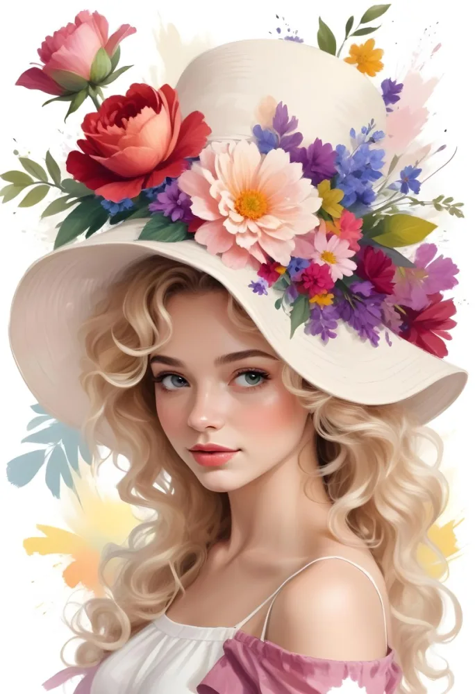 A White European Woman 23 Years Old Curly Blonde Hair Wearing A Hat With Colorful Flowers Light Skin In A White Background 39 53e0