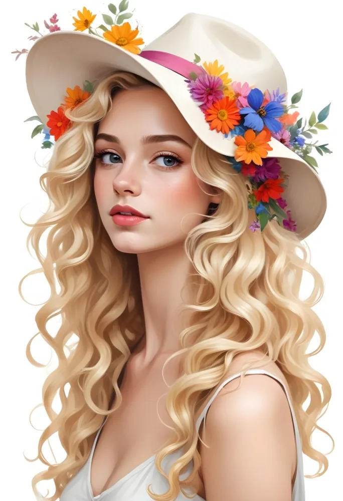A White European Woman 23 Years Old Curly Blonde Hair Wearing A Hat With Colorful Flowers Light Skin In A White Background 42 7091