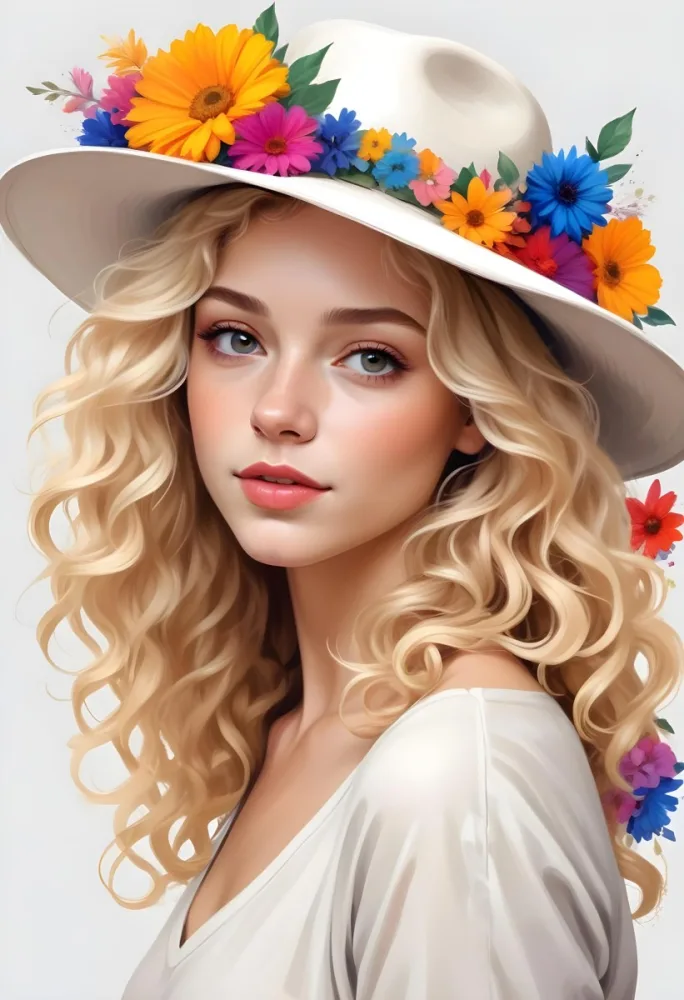 A White European Woman 23 Years Old Curly Blonde Hair Wearing A Hat With Colorful Flowers Light Skin In A White Background 6 3407