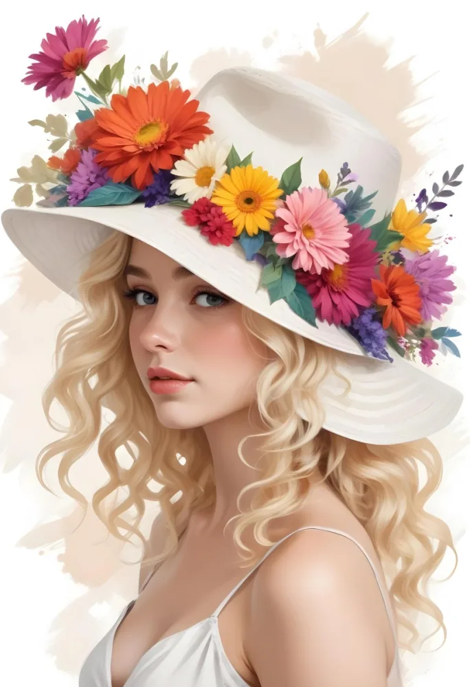 A White European Woman 23 Years Old Curly Blonde Hair Wearing A Hat With Colorful Flowers Light Skin In A White Background 8 F7f7