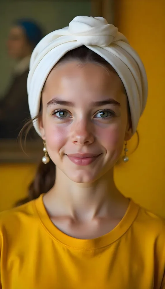 A White Girl 17 Years Old With A White Turban And A Pearl Earring Yellow Shirt Looking At The Camera In A Yellow Room With A Painting In The Background 24 B4ba