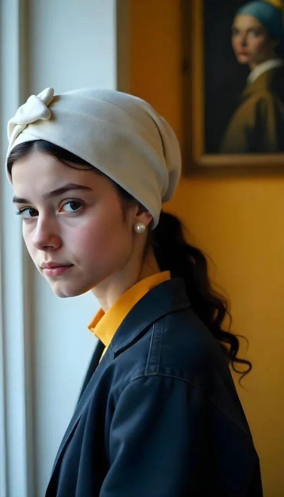 A White Girl 17 Years Old With A White Turban And A Pearl Earring Yellow Shirt Looking At The Camera In A Yellow Room With A Painting In The Background 30 227b