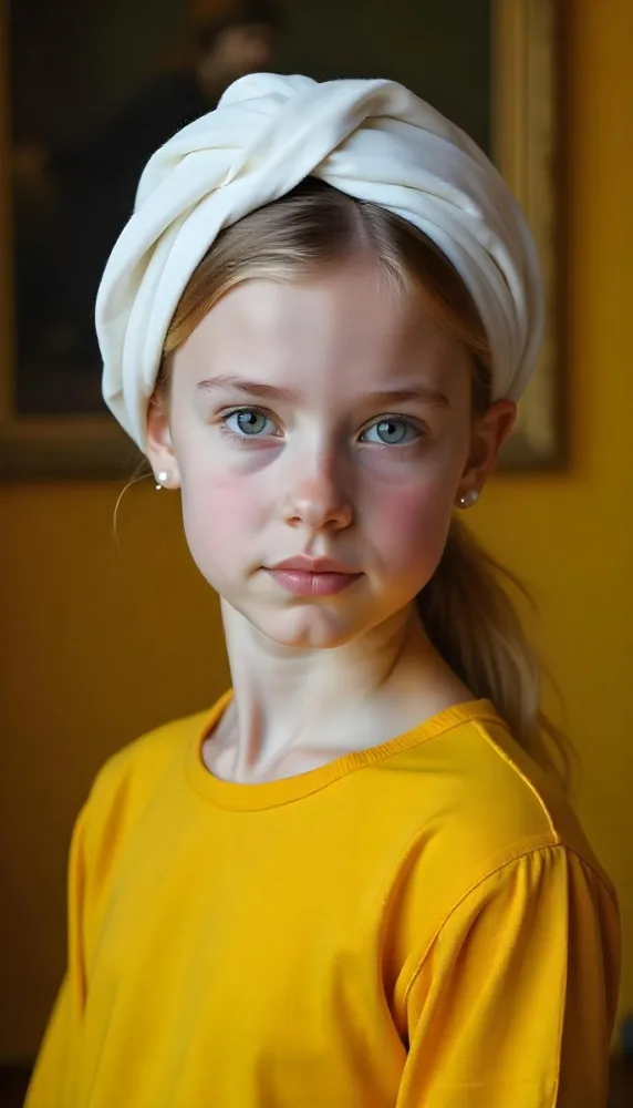 A White Girl 17 Years Old With A White Turban And A Pearl Earring Yellow Shirt Looking At The Camera In A Yellow Room With A Painting In The Background 31 39f4