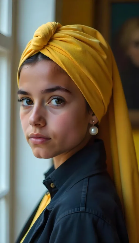 A White Girl 17 Years Old With A White Turban And A Pearl Earring Yellow Shirt Looking At The Camera In A Yellow Room With A Painting In The Background 32 C550