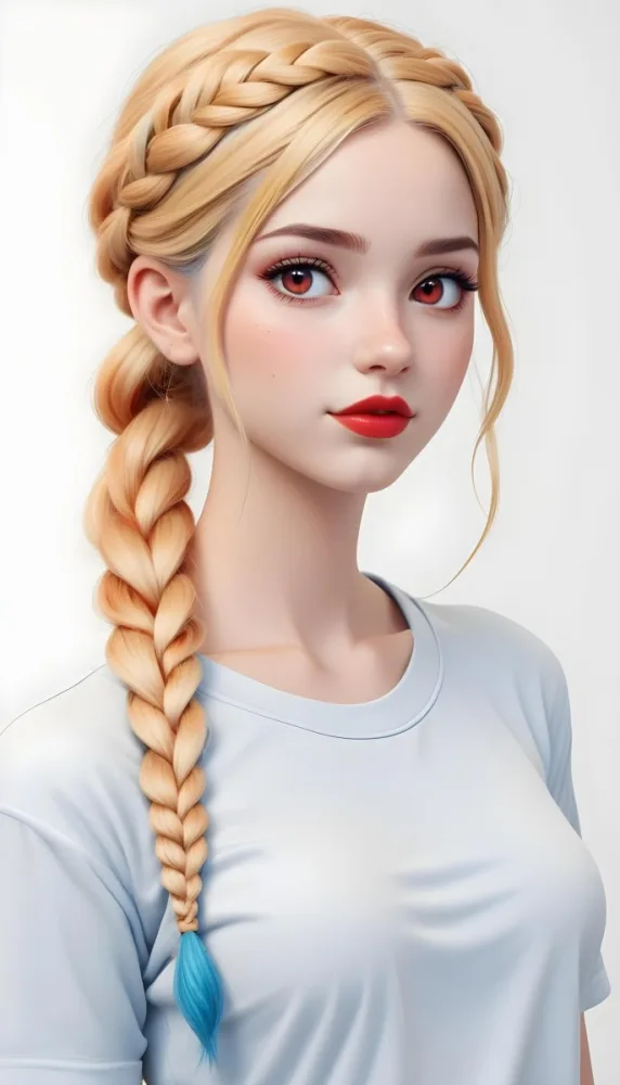 A White Girl 19 Years Old With Red Eyes Blue Hair In A Braid Red Lips Wearing A White T Shirt Simple Background 10 989c
