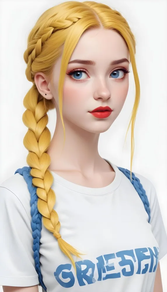 A White Girl 19 Years Old With Red Eyes Blue Hair In A Braid Red Lips Wearing A White T Shirt Simple Background 14 173b