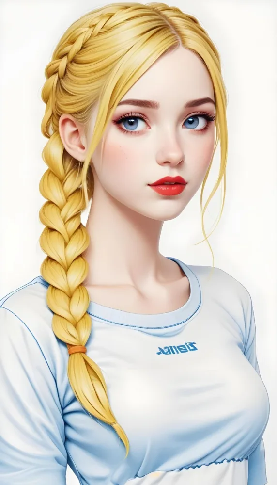 A White Girl 19 Years Old With Red Eyes Blue Hair In A Braid Red Lips Wearing A White T Shirt Simple Background 19 Ac25