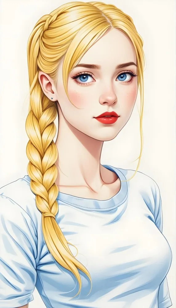 A White Girl 19 Years Old With Red Eyes Blue Hair In A Braid Red Lips Wearing A White T Shirt Simple Background 20 1264