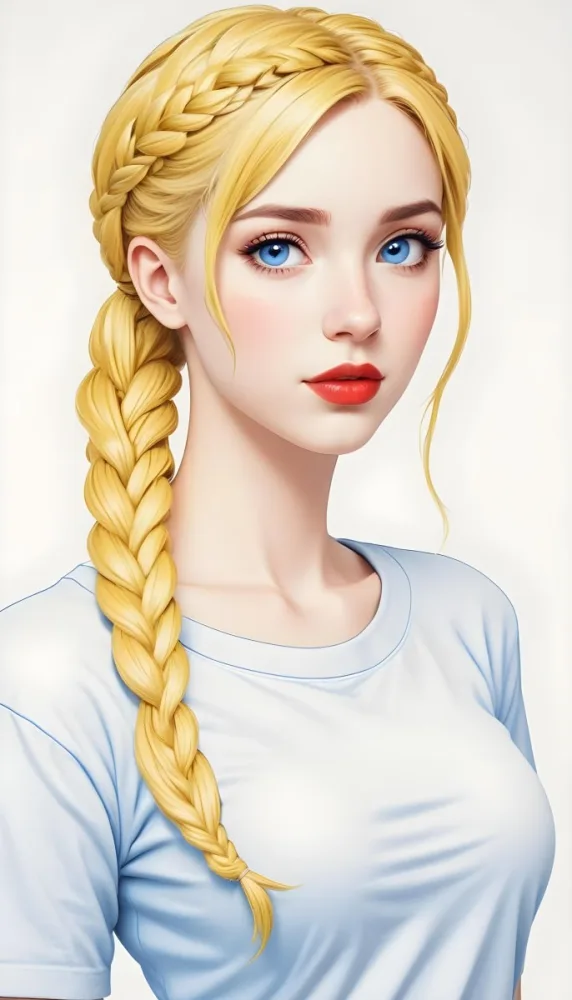 A White Girl 19 Years Old With Red Eyes Blue Hair In A Braid Red Lips Wearing A White T Shirt Simple Background 22 5908