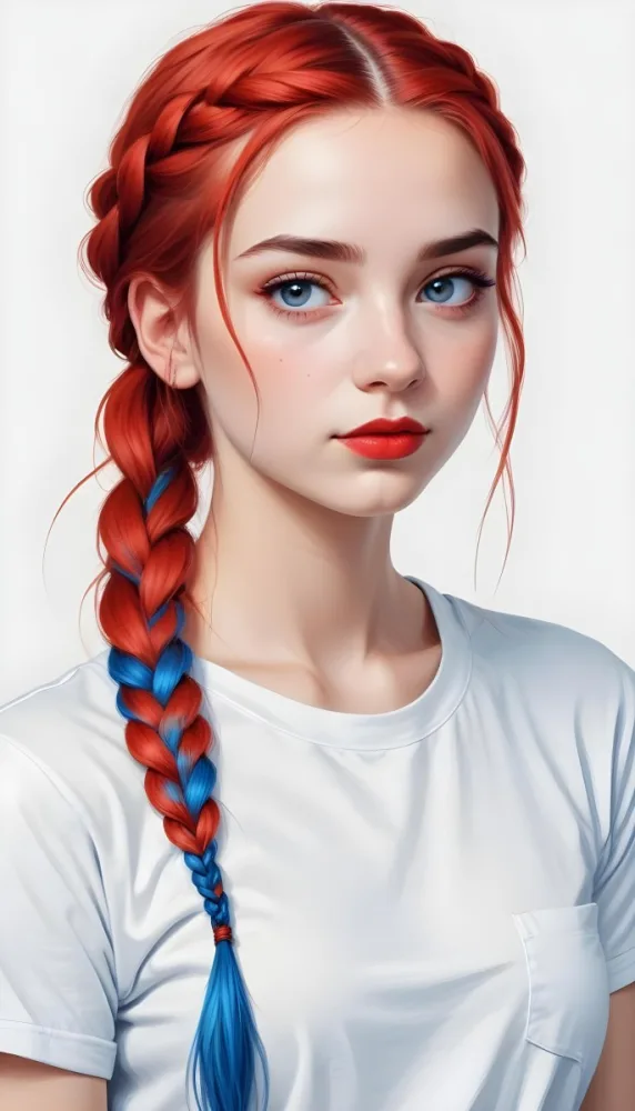 A White Girl 19 Years Old With Red Eyes Blue Hair In A Braid Red Lips Wearing A White T Shirt Simple Background 36 63f6