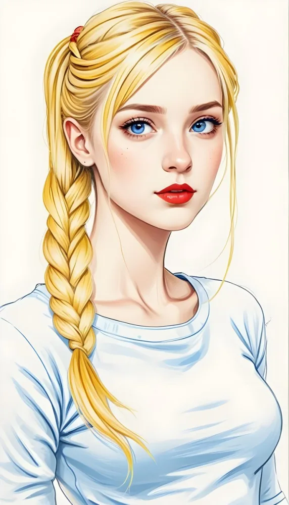A White Girl 19 Years Old With Red Eyes Blue Hair In A Braid Red Lips Wearing A White T Shirt Simple Background 57 Bea5