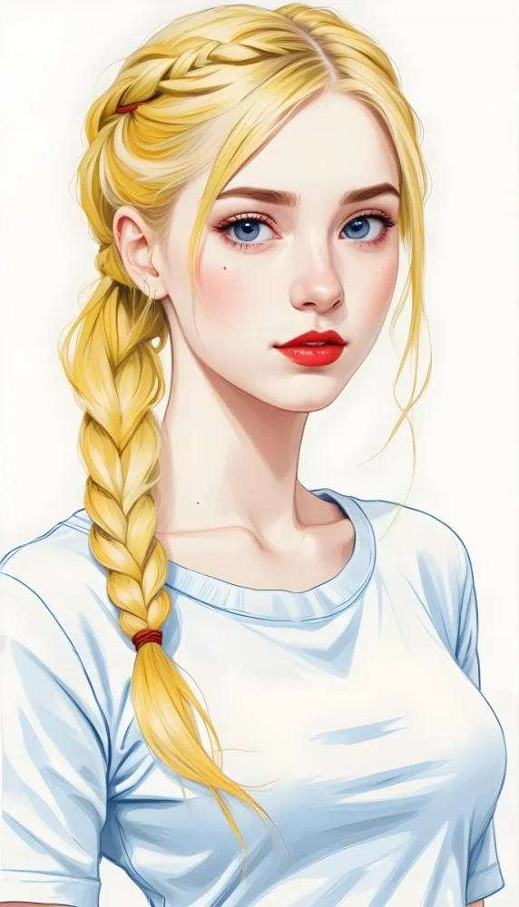 A White Girl 19 Years Old With Red Eyes Blue Hair In A Braid Red Lips Wearing A White T Shirt Simple Background 73 805b