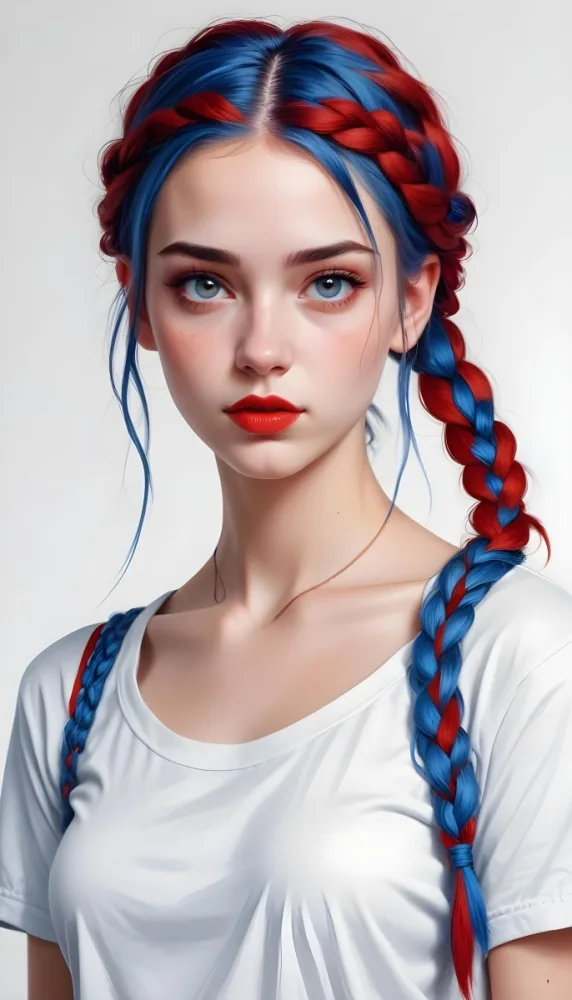 A White Girl 19 Years Old With Red Eyes Blue Hair In A Braid Red Lips Wearing A White T Shirt Simple Background 74 58a5