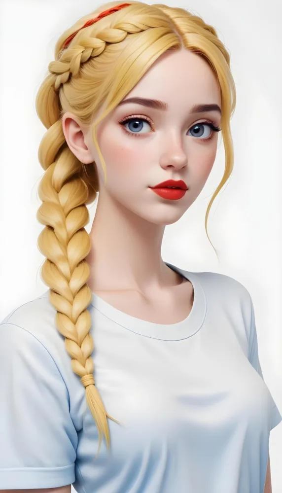 A White Girl 19 Years Old With Red Eyes Blue Hair In A Braid Red Lips Wearing A White T Shirt Simple Background 8 4d10