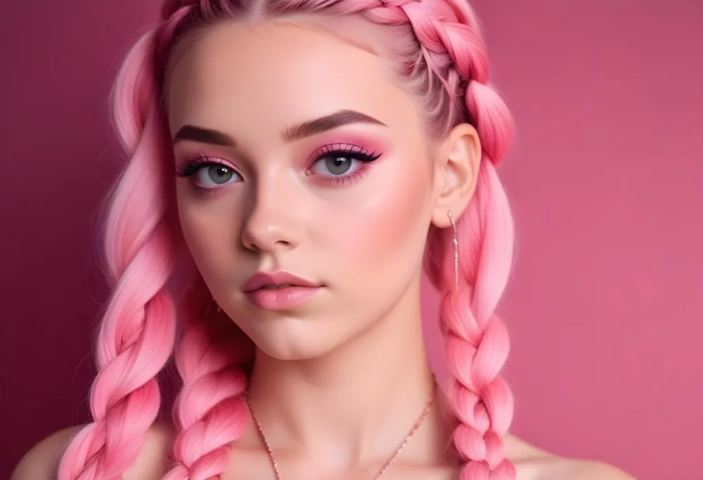 A White Girl 21 Years Old Pink Braids Pink Makeup Pink Background 18 F186