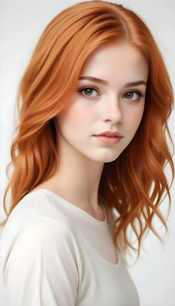 A White Girl 22 Years Old Light Skin Long Orange Hair Looking At The Camera Light Makeup In A White Background 21 4c14
