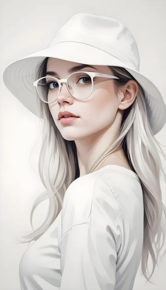 A White Girl 23 Years Old Wearing A White Hat And White Glasses Long Hair Looking To The Left In A White Background 6 439c