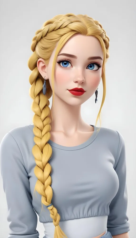 A White Girl Age 21 With Long Blue Braided Hair Gray Eyes Red Lips Wearing A Gray Shirt And Earrings With A White Background 20 0173